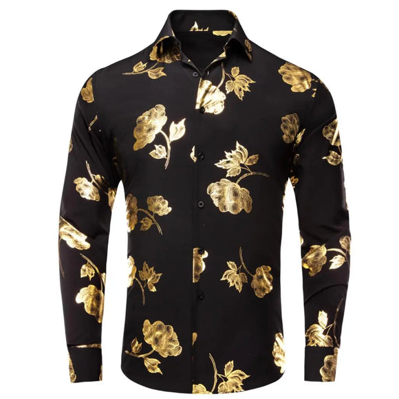  Hi-Tie Black Gold Silk Men's Shirts Summer Spring Long Sleeve Lapel Shirt Hawaii Soft Blouse Wedding MartLion - Mart Lion