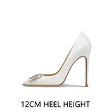 Pointed Toe Shallow Square Buckle Rhinestone Stiletto Pumps Women's Shoes MartLion White 12CM 38 CHINA