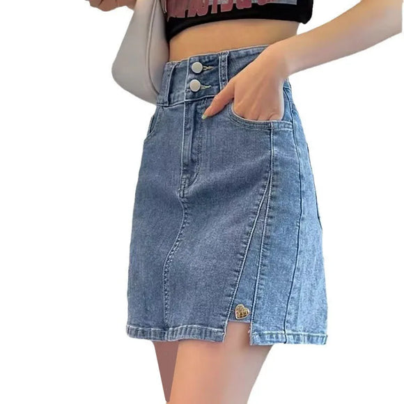 Denim Short Skirt, Versatile Women in Summer, Waisted A-line Wrapped Hip Skirt, MartLion   