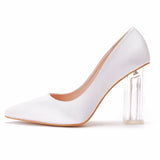 White Women Block Transparent 9 cm High Heels Lady Satin Clear Pumps Wedding Dress Silk Shoes MartLion   