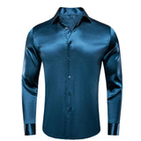 Hi-Tie Navy Royal Sky Blue Silk Men's Shirts Lapel Collar Long Sleeve Dress Shirt Jacquard Blouse Wedding MartLion SCY-1502 S 
