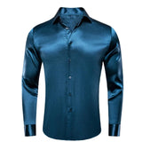 Hi-Tie Navy Royal Sky Blue Silk Men's Shirts Lapel Collar Long Sleeve Dress Shirt Jacquard Blouse Wedding MartLion