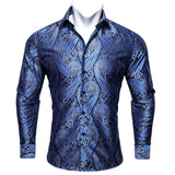 Barry Wang Exquisite Blue Silk Paisley Men's Shirt Four Seasons Lapel Long Sleeve Embroidered Leisure Fit Party Wedding MartLion CY-0413 S China