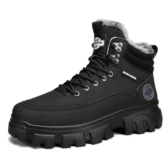 Men's Tactical Winter Boots Casual Ankle Winter Shoes High Top Platform Leather Outdoor Work Safety Sneakers Chelsea Cowboy MartLion black 39 
