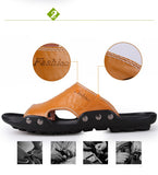 Men's Slippers Summer Genuine Leather Casual Slides Street Beach Shoes Black Cow Leather Sandals Mart Lion   