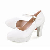 Comemore White Wedding Shoes Pumps Platform High Heels Women Ankle Strap Ladies Party Dance  Elegant Block Heel Pumps MartLion white 35 