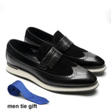6 Colors Luxury Men's Non-slip Sneakers Genuine Leather Suede Wingtip Tassel Flat Loafers Driving Casual Shoes MartLion Black EUR 38 