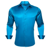 Designer Shirts Men's Silk Satin Dark Green Teal Solid Long Sleeve Button Down Collar Blouses Slim Fit Tops Barry Wang MartLion 0541 S 