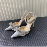 Runway style Glitter Rhinestones Women Pumps Crystal bowknot Satin Summer Lady Shoes Genuine leather High heels Party Prom MartLion   