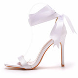 Fish Mouth High Heel Strap Sandals Beautiful Ribbon Silk Fabric High Heel Women's Shoes Banquet Wedding Dress MartLion   