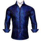 Luxury Shrits Men's Sky Roal Blue Navy Embroidered Paisley Long Sleeve Casual Slim Fit Blouses Lapel Barry Wang MartLion 0060 S 