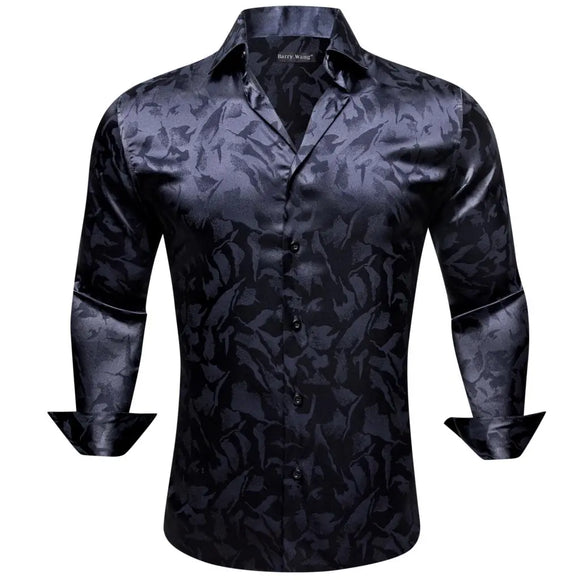  Luxury Shirts Men's Silk Satin Embroidered Black Flower Long Sleeve Male Blouses Casual Lapel Tops Breathable Barry Wang MartLion - Mart Lion