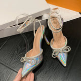 Liyke Rhinestone Ankle Strap High Heels Wedding Prom Shoes Crystal Bowknot Leather Summer Women Pumps Sandals MartLion   