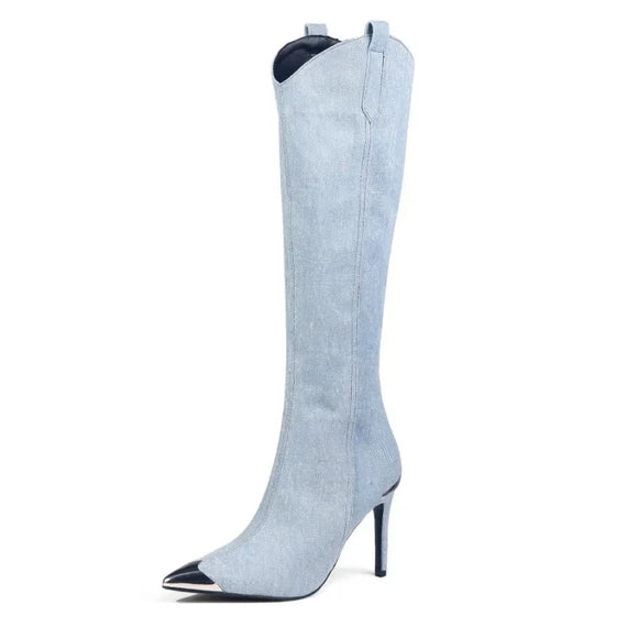  Metal Decoration Thin High Heel Denim Side Zipper Knee Long Boots for Women's Banquet Runway MartLion - Mart Lion