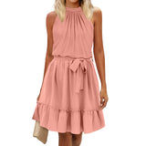 Women's Dress Summer Women's Beach Dress Folded Cake Dress Loose Neck Tie Sleeveless Dress Women's Summer Clothing MartLion Pink M 