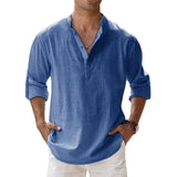 Cotton Linen Shirts for Men Casual Shirts Lightweight Long Sleeve Henley Beach Shirt Shirt Men MartLion DenimBlue L 