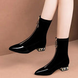 Women Pointed Toe Ankle Boots Autumn Winter Chunky Heels Rhinestones Med Heels Short Flock MartLion   