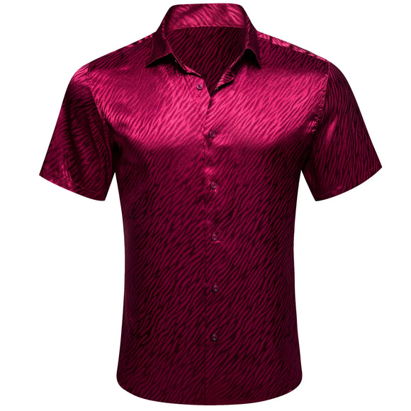  Luxury Shirts Men's Short Sleeve Summer Red Solid Silk Satin Slim Fit Lapel Blouse Breathable Tops Clothes Barry Wang MartLion - Mart Lion