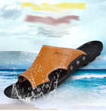 Men's Slippers Summer Genuine Leather Casual Slides Street Beach Shoes Black Cow Leather Sandals Mart Lion   