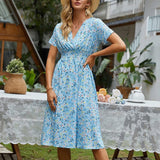 Women Small Floral Printed Short-Sleeved Dress Elegant Dresses Women Elegant And Pretty Dresses MartLion Light Blue S 