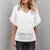 Elegant Women Blouse Casual T-shirt Summer Simple Solid Short Sleeve V-neck Office Lady Shirt Top Loose T-shirt MartLion White S United States