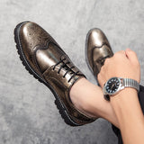 Golden Brogue Shoes Men's Dress Soft Split Leather Lace Up Oxfords Flat Work Footwear Mart Lion   