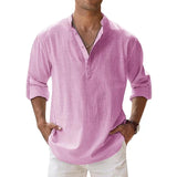 Cotton Linen Shirts for Men Casual Shirts Lightweight Long Sleeve Henley Beach Shirts T Shirts for Men MartLion Pink S 