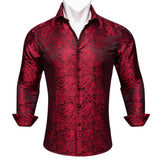 Silk Shirts Men's Red Burgundy Paisley Flower Long Sleeve Slim Fit Blouse Casual Lapel Clothes Tops Streetwear Barry Wang MartLion   