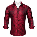 Silk Shirts Men's Red Burgundy Paisley Flower Long Sleeve Slim Fit Blouse Casual Lapel Clothes Tops Streetwear Barry Wang MartLion