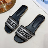 Slippers for Women Wearing on The Outside Round Toe Flat Bottomed Embroidered Letter One Line Beach Sandals for Summer MartLion Black 41 