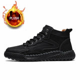 Outdoor Hiking Shoes for Men's Autumn Winter Boots Hand Stitched Optional Plush Non-slip High Top Casual Sports MartLion Black(Plush) 38(24.0CM) 