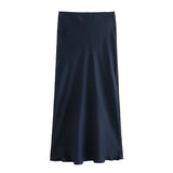 Women's Flowing Satin Midi Skirt Women Vintage Elastic  Waist Flared Street Skirt MartLion   