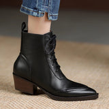 Winter Pointed Toe Women Boots Chunky Heel Shoes Short Retro Western Genuine Leather MartLion   