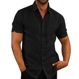 Summer Cotton Linen Casual Shirts Men Short Sleeve Solid Color MartLion black US XXL 