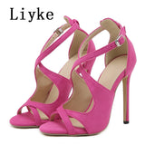 Liyke Open Toe Thin High Heels Gladiator Sandals Women Buckle Strap Elegant Party Wedding Pink Shoes Mart Lion Pink 35 