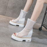 Summer Boots Mesh Ladies Comfort Elevator Shoes Women Knee-length Platform Female Round Toe Zipper Sandals Mart Lion 1-White 34 