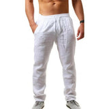 Pants Men Cotton Linen Trousers Casual Solid Elastic Waist Straight Loose Sports Running MartLion WHITE XXL 