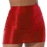 Women Casual Pencil Skirt Solid Color Waist Elastic Waistband Glossy Miniskirt MartLion   