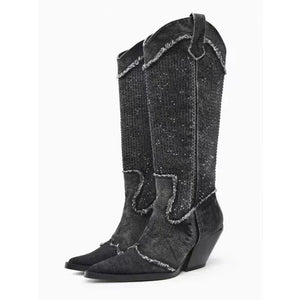 Women's Knee Length Rhinestone Thick High Heel Knight Boots Light Luxury Four Seasons MartLion   