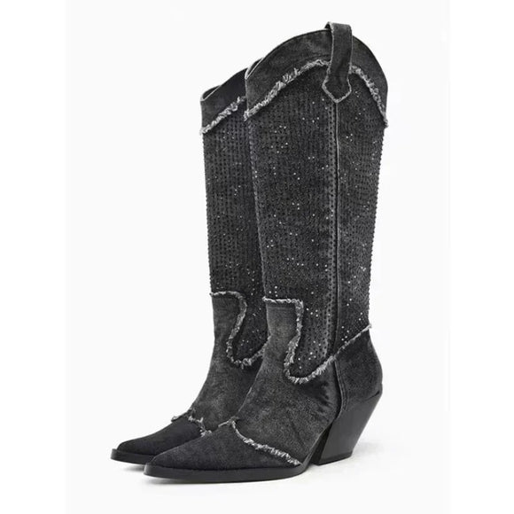 Women's Knee Length Rhinestone Thick High Heel Knight Boots Light Luxury Four Seasons MartLion   