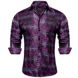 Luxury Purple Paisley Men's Long Sleeve Silk Polyester Dress Shirt Button Down Collar Social Prom Party Clothing MartLion CYC-2032 L 
