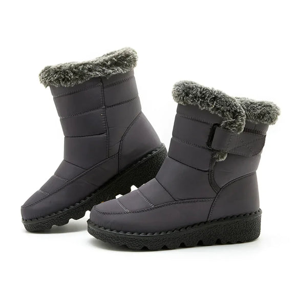 Waterproof Boots Women Casual Winter Warm Plush Soft Platform Snow Slip on Cotton Padded Shoes MartLion Gray-Fur collar 35 