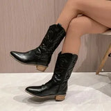 Women Cowboy Short Ankle Boots Chunky Heel Cowgirl Boots Embroidered Mid Calf Western MartLion   