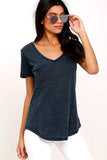 Summer Casual Cotton Tee Tops Female Stretch Women Solid T-shirts V Neck Short Sleeve MartLion Navy Blue XXXL 