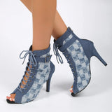 Rubber Sole Latin Dance Boots Modern Shoes Dance High-heeled 9cm Sandals Lace-up Hollow Belt Buckle Square Denim MartLion   