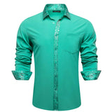Designer Shirts Men's Silk Satin Dark Green Teal Solid Long Sleeve Button Down Collar Blouses Slim Fit Tops Barry Wang MartLion 0349 S 