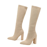 Green Women Cozy Knitting Stretch Fabric Knee High Boots Square Heels Autumn Winter Sock Long Shoes MartLion Apricot 38 