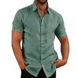 Summer Cotton Linen Casual Shirts Men Short Sleeve Solid Color MartLion green US XXL 