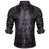 Luxury Blue Black Paisley Silk Shirts Men's Long Sleeve Wedding Party Prom Tuxedo Dress Casual Designer Clothing MartLion CYC-2007 S 