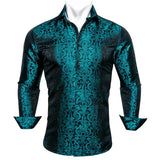 Luxury Blue Shirts Men's Solid Satin Embroidered Paisley Flower Long Sleeve Slim Fit Blouses Casual Lapel Tops Barry Wang MartLion   